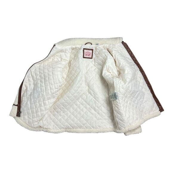 Levis Jacket WMNS 2X Cream Faux Sherpa Full Zip Brown Teddy Moto High Neck Cozy - Picture 6 of 15